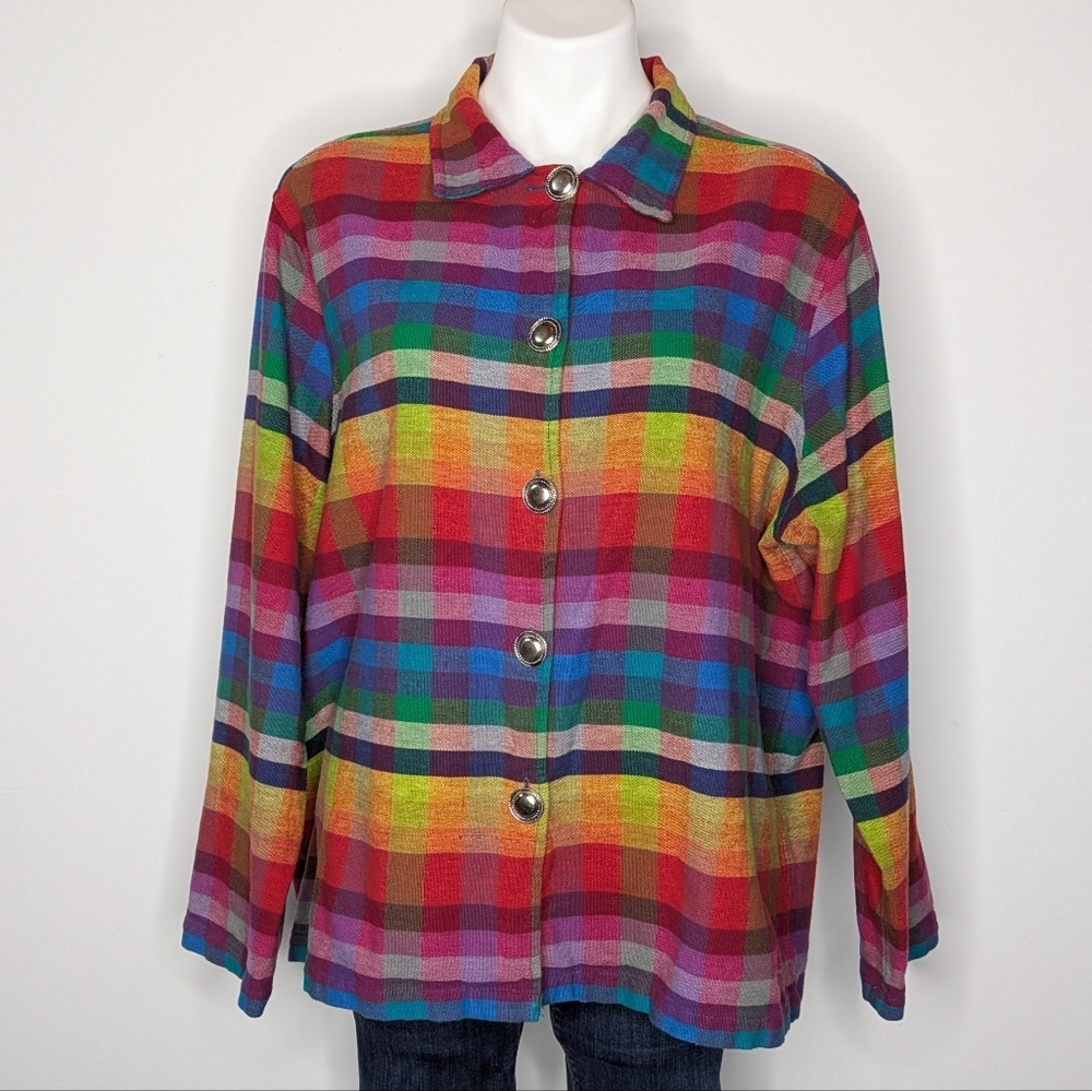 Willow Ridge Rainbow Colorful Plaid Cotton Button Up Long Sleeve Top 2XW
